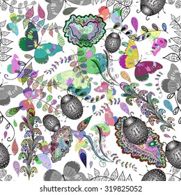 Seamless texture with flowers, bugs and butterflies. Seamless pattern can be used for wallpaper, pattern fills, web page background,surface textures on white background. Gorgeous seamless on floral. 
