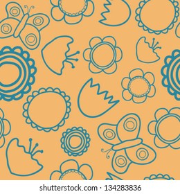 Seamless texture with flowers and butterflies. Endless floral pattern.