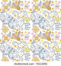 Seamless texture with flowers and butterflies. Endless floral pattern.