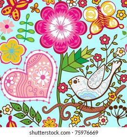 Seamless texture with flowers and butterflies. Endless floral pattern.
