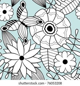 Seamless texture with flowers and butterflies. Endless floral pattern.