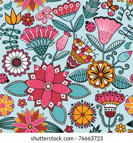 Seamless texture with flowers and butterflies. Endless floral pattern.