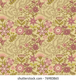 Seamless texture with flowers and butterflies. Endless floral pattern.