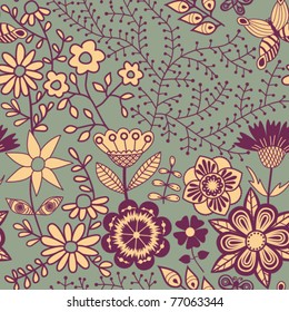 Seamless texture with flowers and butterflies. Endless floral pattern.
