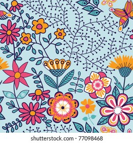 Seamless texture with flowers and butterflies. Endless floral pattern.