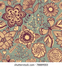 Seamless texture with flowers and butterflies. Endless floral pattern