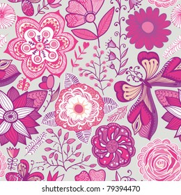 Seamless texture with flowers and butterflies. Endless floral pattern, colorful pattern.