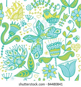 Seamless texture with flowers and butterflies. Endless floral pattern. Seamless pattern can be used for wallpaper, pattern fills, web page background, surface textures.