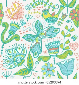 Seamless texture with flowers and butterflies. Endless floral pattern. Seamless pattern can be used for wallpaper, pattern fills, web page background, surface textures.