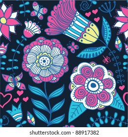 Seamless texture with flowers and butterflies. Endless floral pattern. Seamless pattern can be used for wallpaper, pattern fills, web page background, surface textures.
