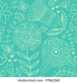 Seamless texture with flowers and butterflies. Endless floral pattern