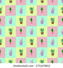 Seamless texture Flowers and cactus in pots.