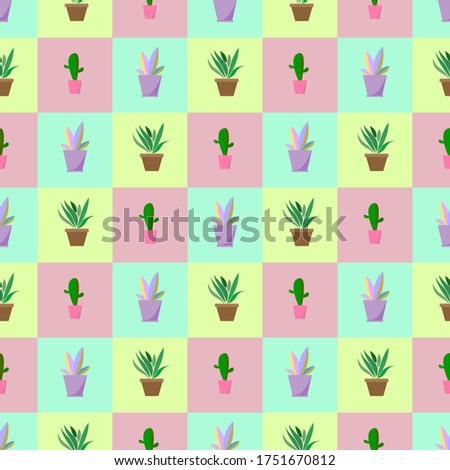 Seamless texture Flowers and cactus in pots.