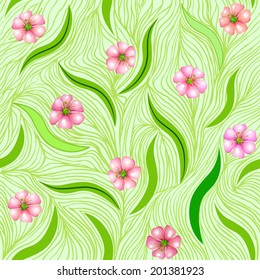 Seamless texture with flowers of cherry blossoms, leafs and lines.