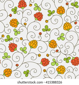 Seamless texture - flowers and clover leaves. Vector.