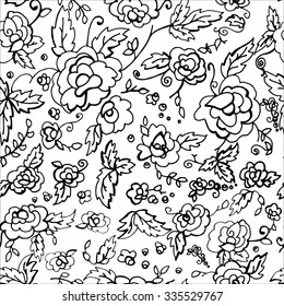 Seamless texture with flowers, Floral pattern, Black and white illustration of flowers