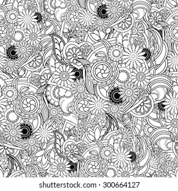 Seamless texture with flowers and greenery. Floral black outline background. Elegance black and white background, vector. Minimal cover for catalogs banners, clothes, dishes