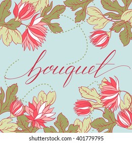Seamless texture with flowers with hand draw text. Endless floral pattern