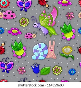 Seamless texture with flowers and insects