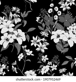 Dark Seamless Pattern Black Flowers Leaves Stock Vector (Royalty Free ...