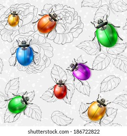 Seamless texture with flowers, leaves and bugs