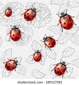 Seamless texture with flowers, leaves and ladybugs