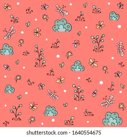 Seamless texture with flowers meadow with butterflies and hand drawn elements. Eps10 vector line-art drawing.