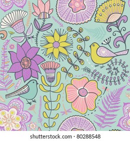 Seamless texture with flowers and pigeons. Endless floral pattern