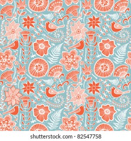 Seamless texture with flowers and pigeons. Endless floral pattern