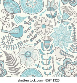 Seamless texture with flowers and pigeons. Endless floral pattern in blue.