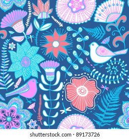Seamless texture with flowers and pigeons. Endless floral pattern