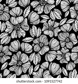 Seamless texture with flowers and plants. Floral ornament. Original floral pattern. Hand drawing. Black and white.