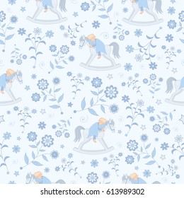 Seamless texture, flowers and a sleeping boy on a rocking horse 