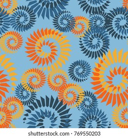 Seamless texture. Flowers from spiral vortices. Five-color pattern.