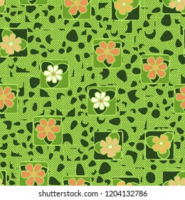 Seamless texture. Flowers, spots and diamond pattern.