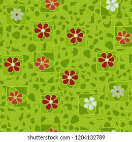 Seamless texture. Flowers, spots and diamond pattern.