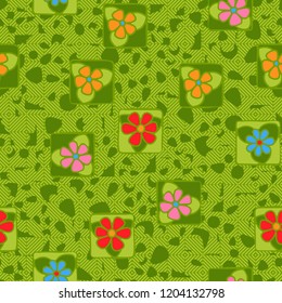 Seamless texture. Flowers, spots and diamond pattern.