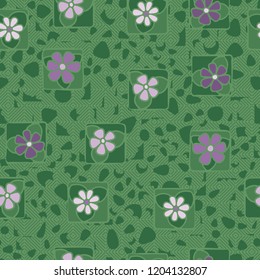 Seamless texture. Flowers, spots and diamond pattern.