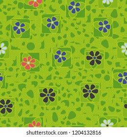 Seamless texture. Flowers, spots and diamond pattern.