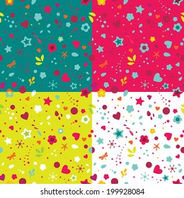 Seamless texture with flowers, stars, hearts and leafs. Set of four colorful summer background.