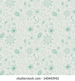 Seamless texture with flowers, the sun, the moon and stars. Can be used for wallpaper, pattern fills, textile, web page background, surface textures. Vector illustration.