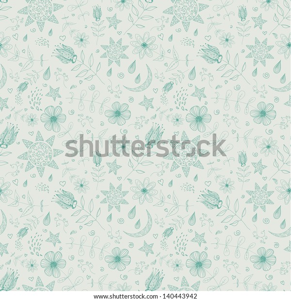 Seamless texture with\
flowers, the sun, the moon and stars. Can be used for wallpaper,\
pattern fills, textile, web page background, surface textures.\
Vector illustration.