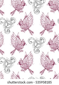 Seamless texture with flying birds. Graphic illustration. Beautiful fantastic mythical phoenix. It can be use for background, clothing design, wrapping paper or your design.
