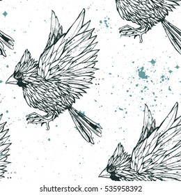 Seamless texture with flying birds. Graphic illustration. Beautiful fantastic mythical bird. It can be use for background, clothing design, wrapping paper or your design.