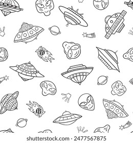 Seamless texture with flying saucers, aliens, stars, comets and planets.
