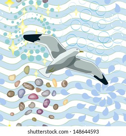 Seamless texture with flying Seagull on the background of the sea and stones