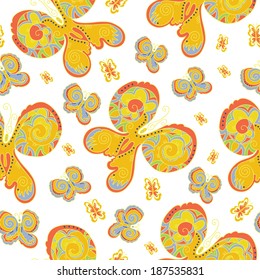 Seamless texture with flying yellow butterflies.Colorful vector background