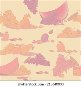 Seamless texture of food. Fruit and watermelon. Harvest of apple pear peach grapes and plum. Vector