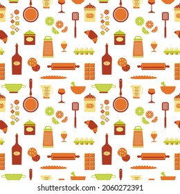 Seamless texture of food icons, bakery, kitchen equipment, utensil. Flat cartoon vector illustration about food and cooking.