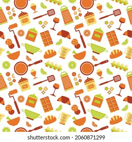 Seamless texture of food icons, bakery, kitchen equipment, utensil. Flat cartoon vector llustration about food and cooking.